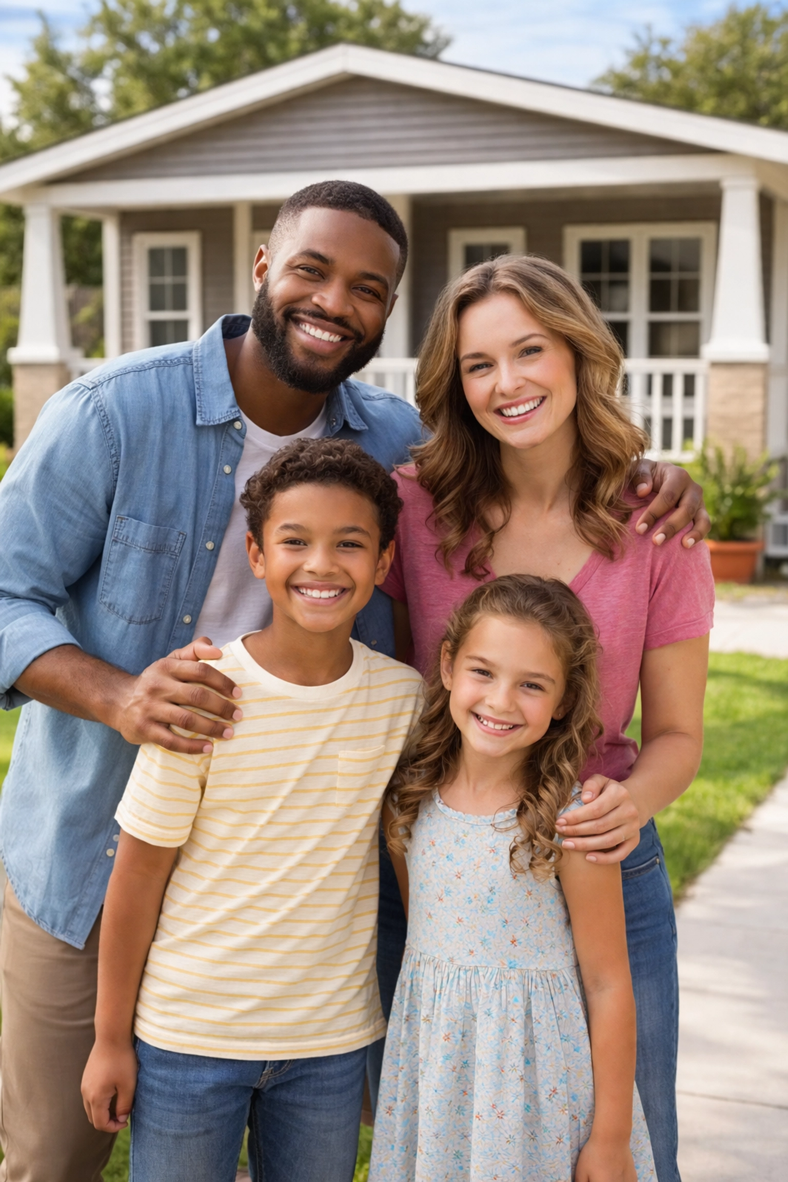 Happy family celebrating homeownership in front of their new manufactured home