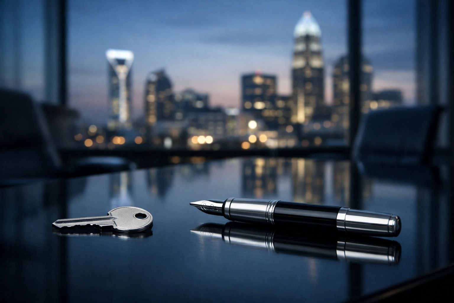A silver key and pen on a conference table symbolizing a successful plumbing business sale.