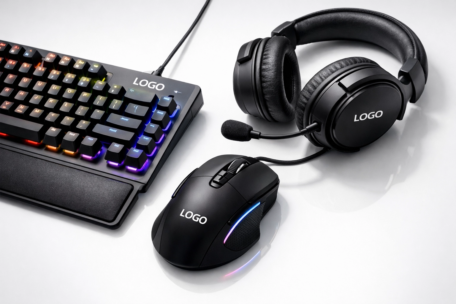 Professional gaming peripherals featuring keyboard, mouse, and headset for esports sponsorship