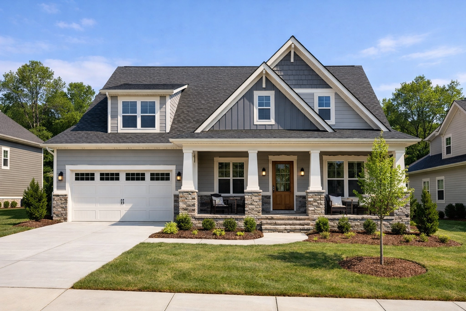 A newly built craftsman home in Forsyth County NC showcasing real estate growth in Kernersville and Clemmons.