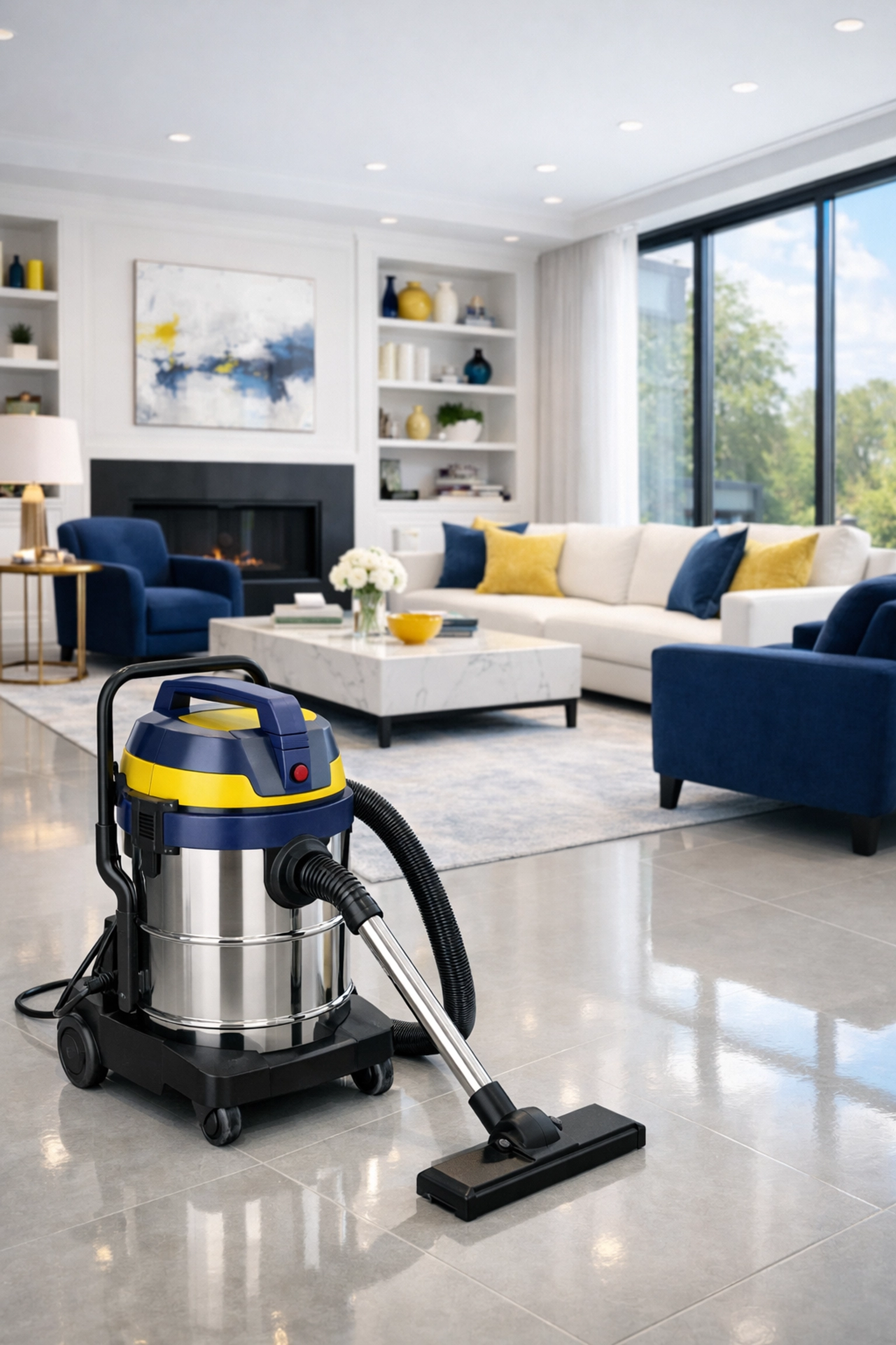 Professional industrial vacuum for post construction cleaning in a spotless Marlborough living room.