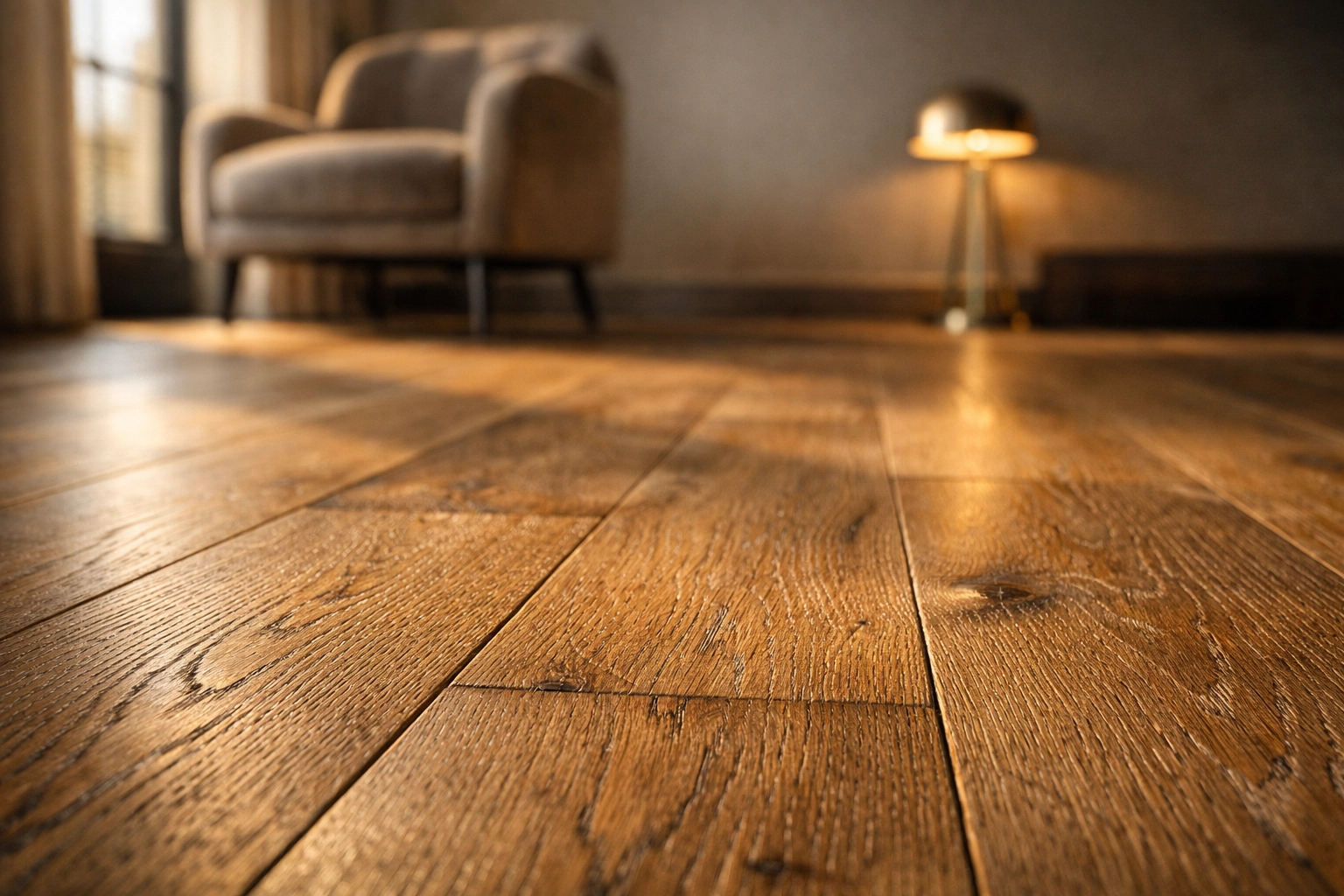 Close-up of wide-plank engineered oak flooring with a matte finish in a luxury Bognor Regis home.