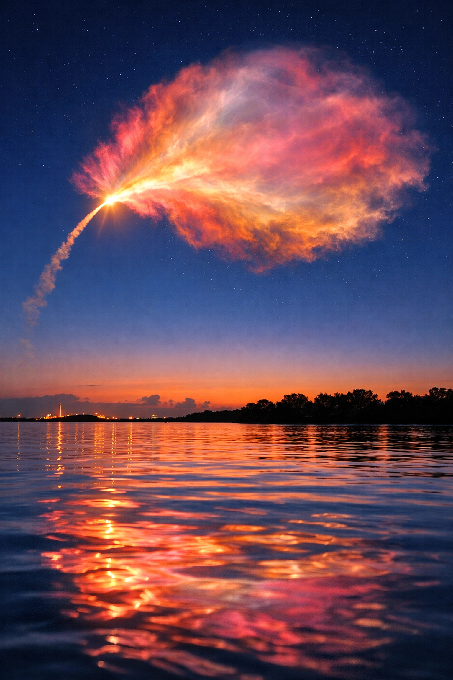 Rocket launch exhaust trail glowing at twilight over the Indian River Lagoon on the Florida Space Coast.