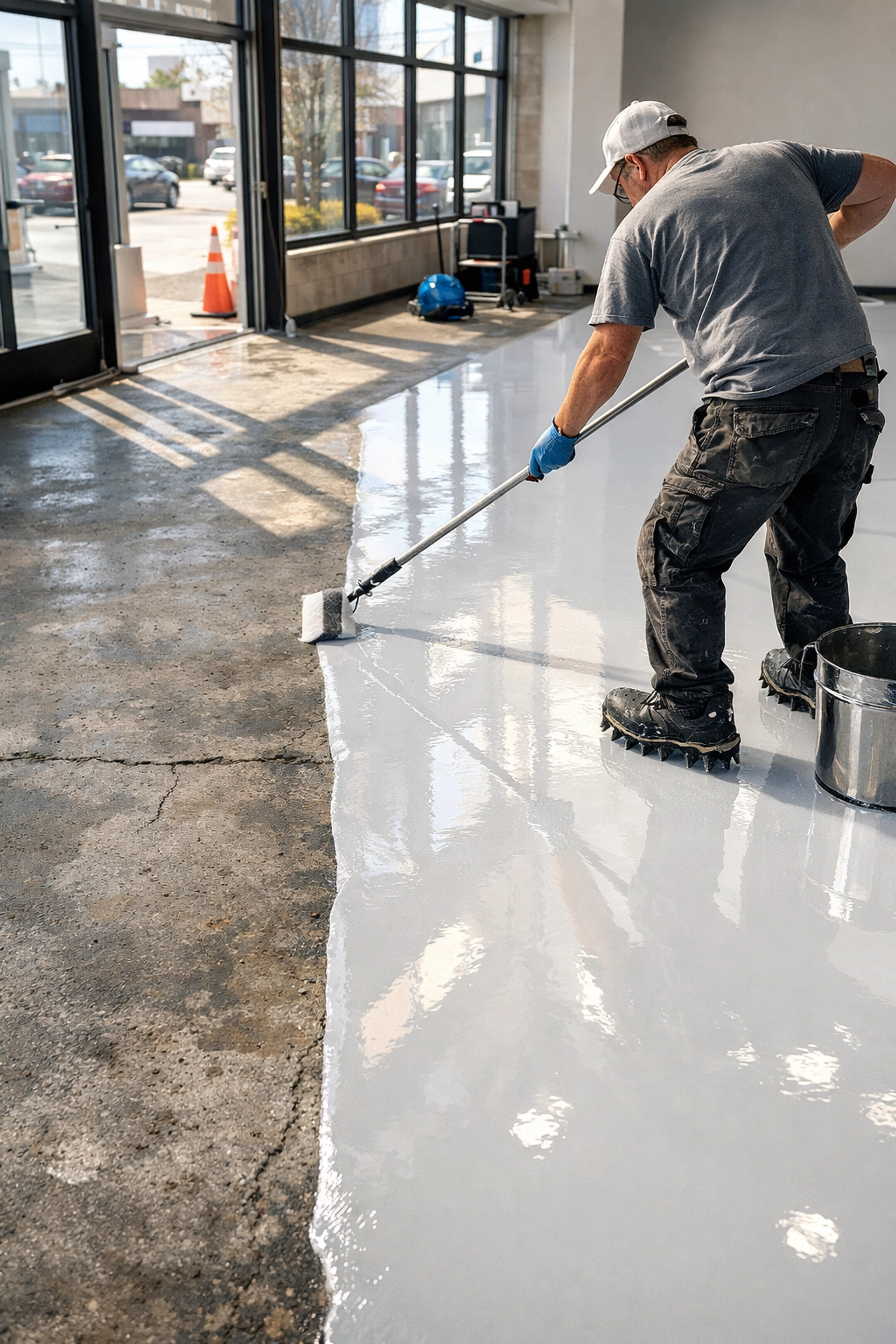 Polyaspartic floor coating installation in Mississippi retail space