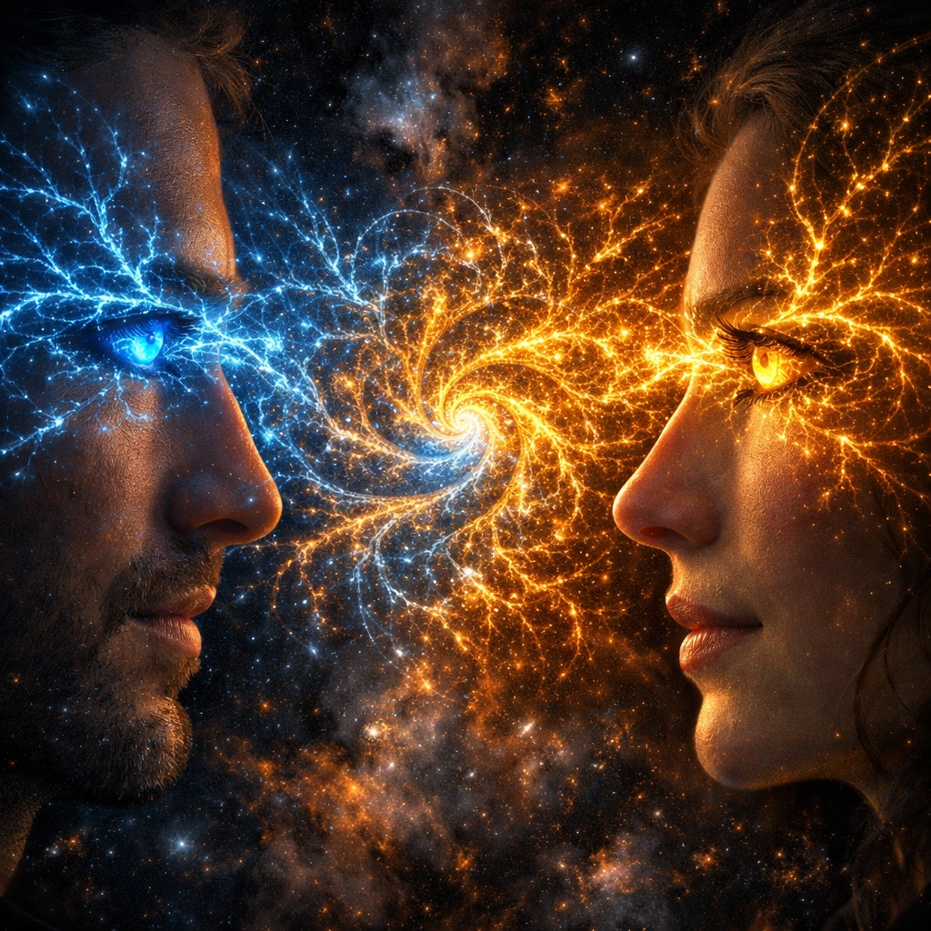 Two faces eye gazing with glowing neural connections representing co-regulation to improve relationships.
