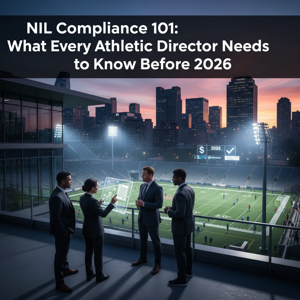 Athletic director reviewing NIL compliance documents in modern office setting
