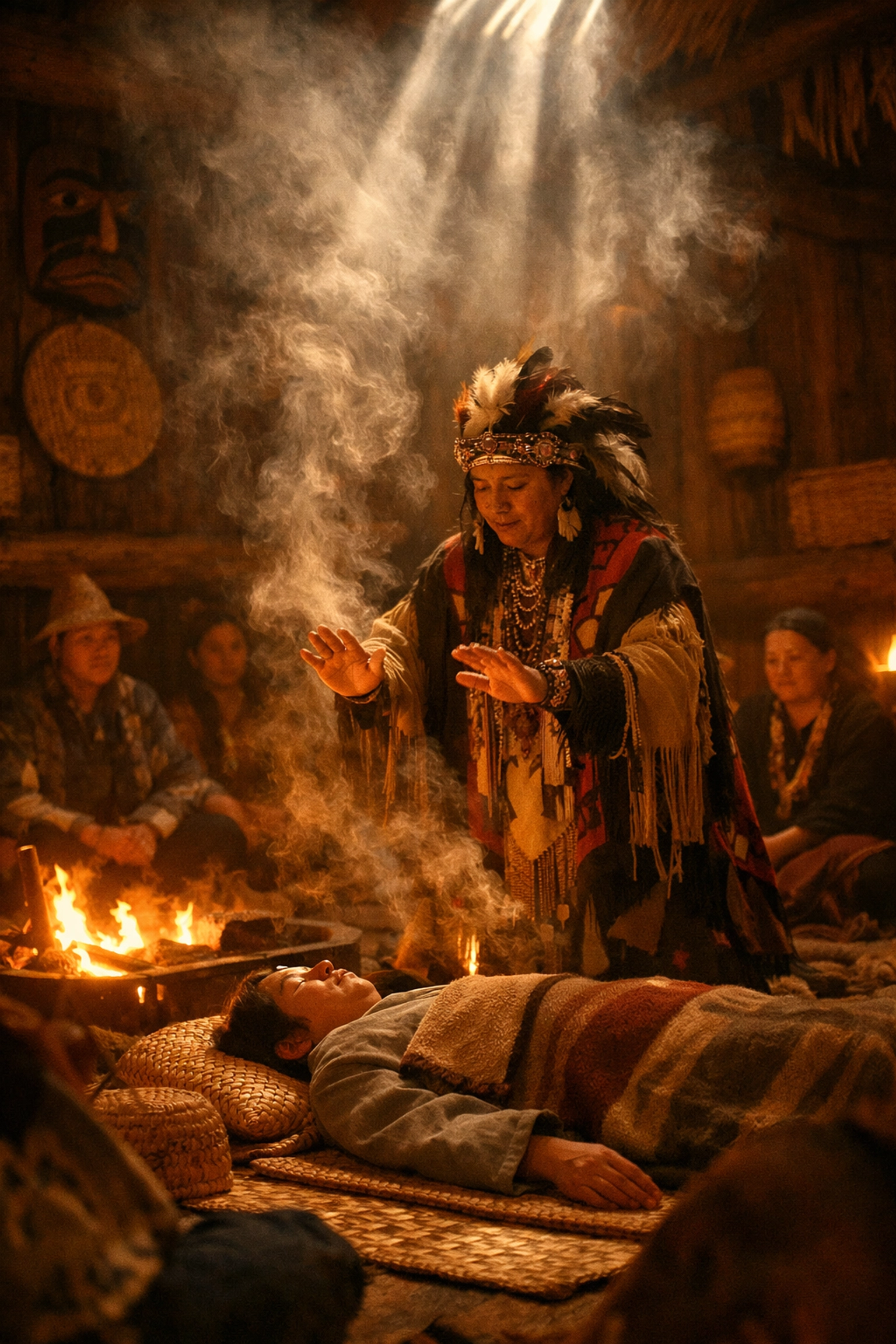 Two-Spirit healer performing sacred ceremony inside traditional Pacific Northwest longhouse with community