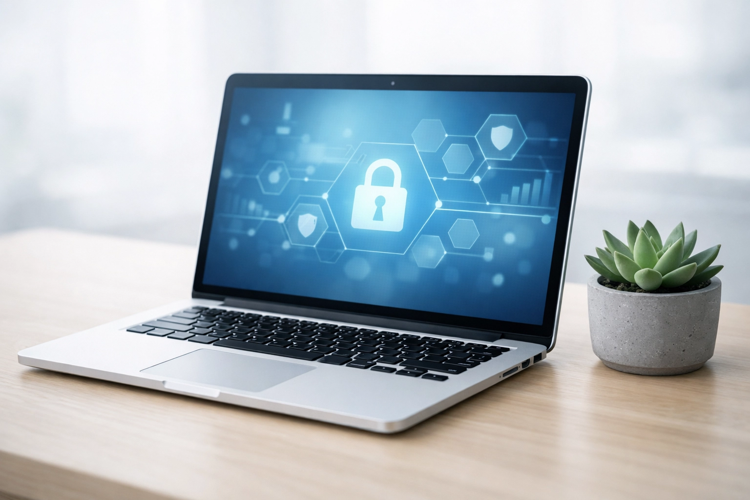 Sleek laptop displaying abstract data security interface for tax professional WISP compliance.