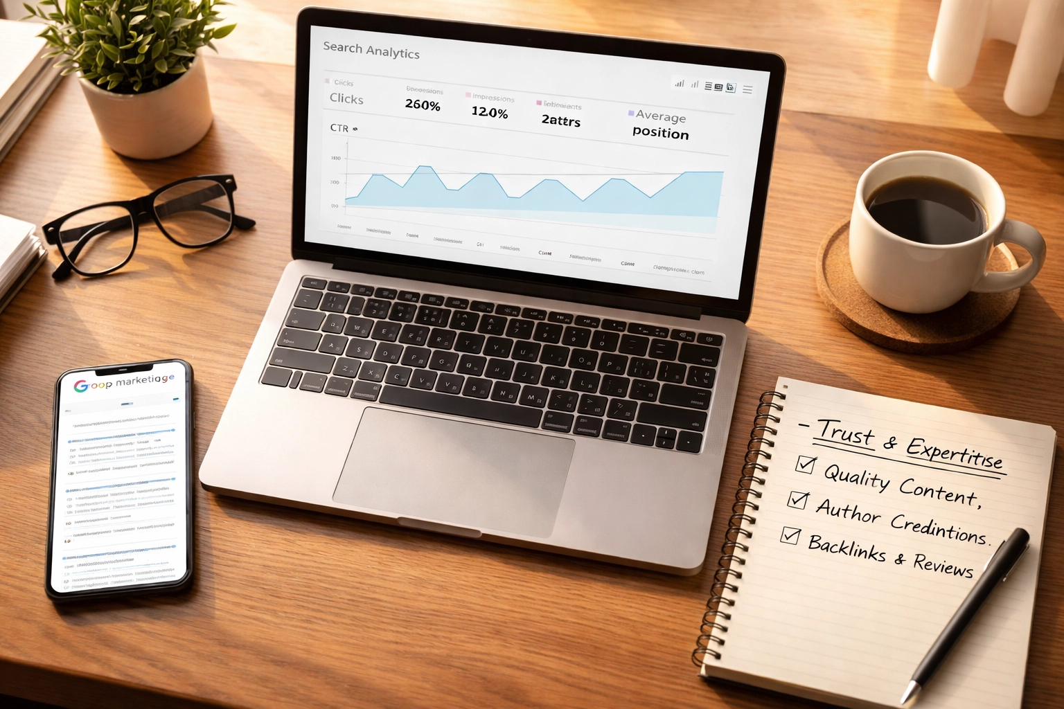 Office desk with laptop showing SEO analytics, highlighting trust and expertise for AI search optimisation in 2026.