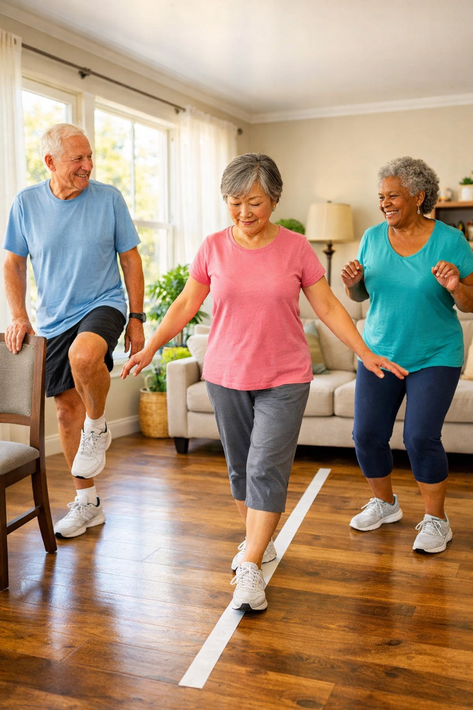 Seniors practicing balance exercises together to improve proprioception and stability