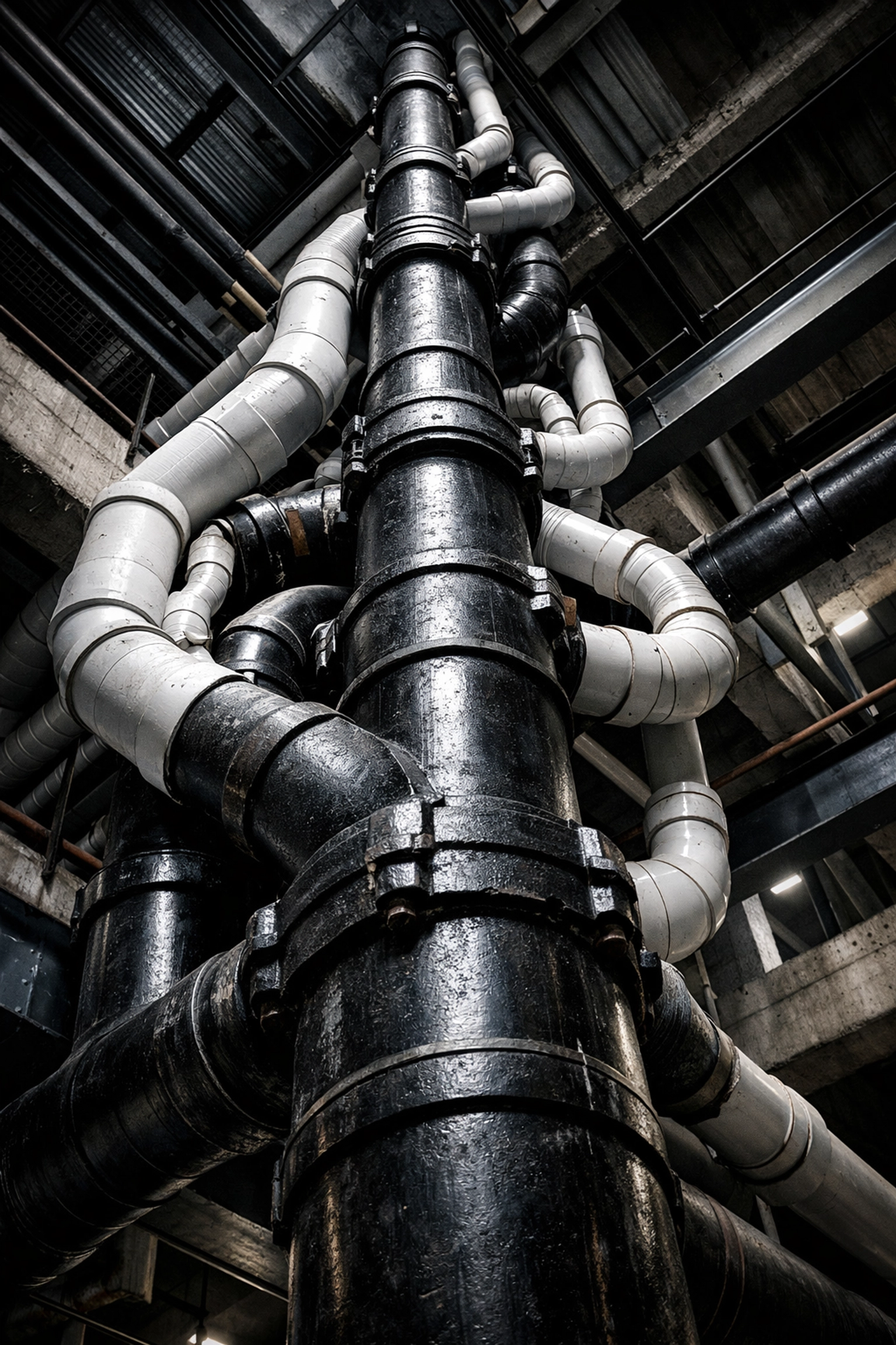 Complex vertical plumbing stack in a multi-story commercial building construction.