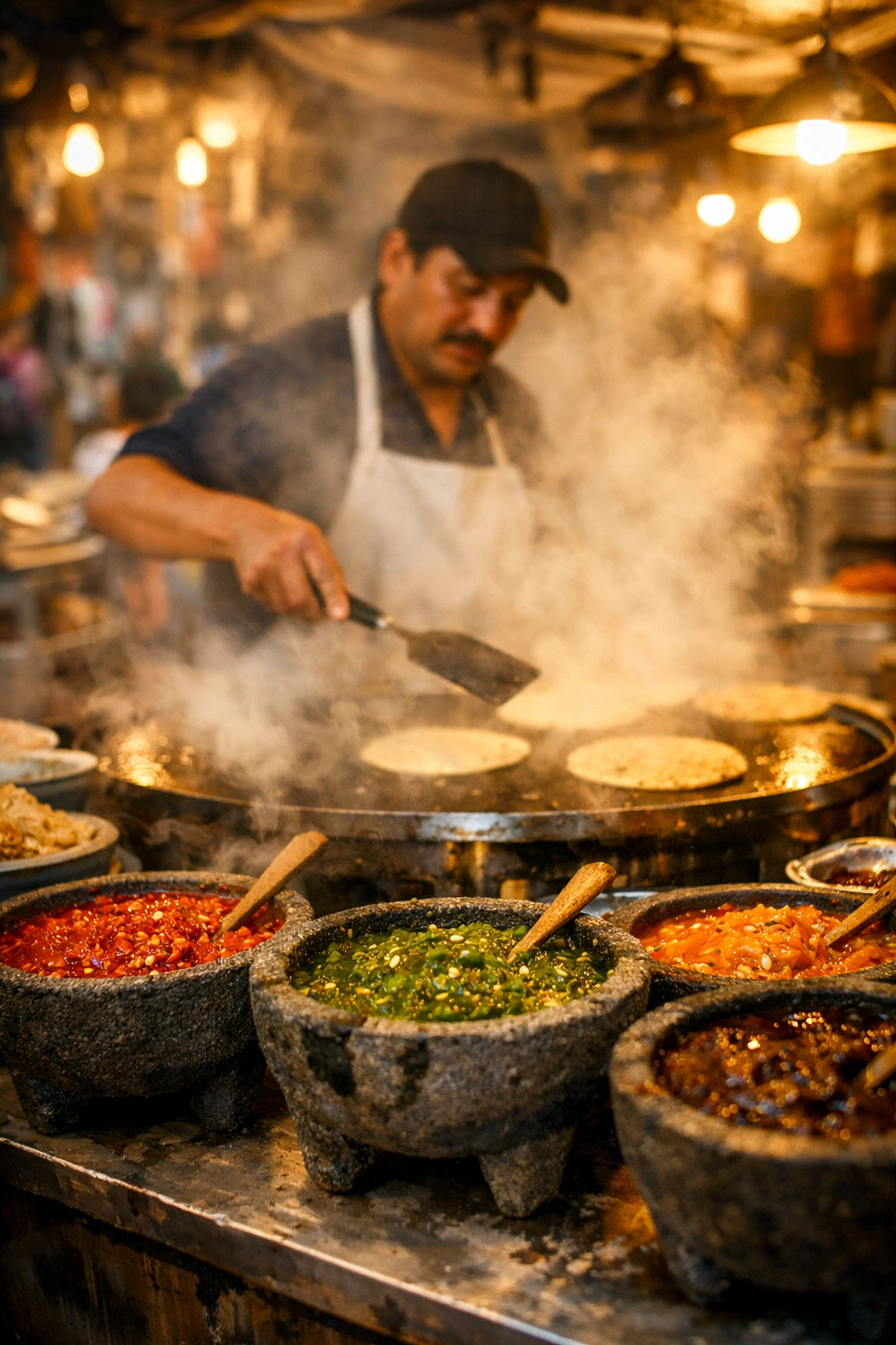 Street food vendor in Mexico City preparing fresh tortillas behind rows of traditional salsas.
