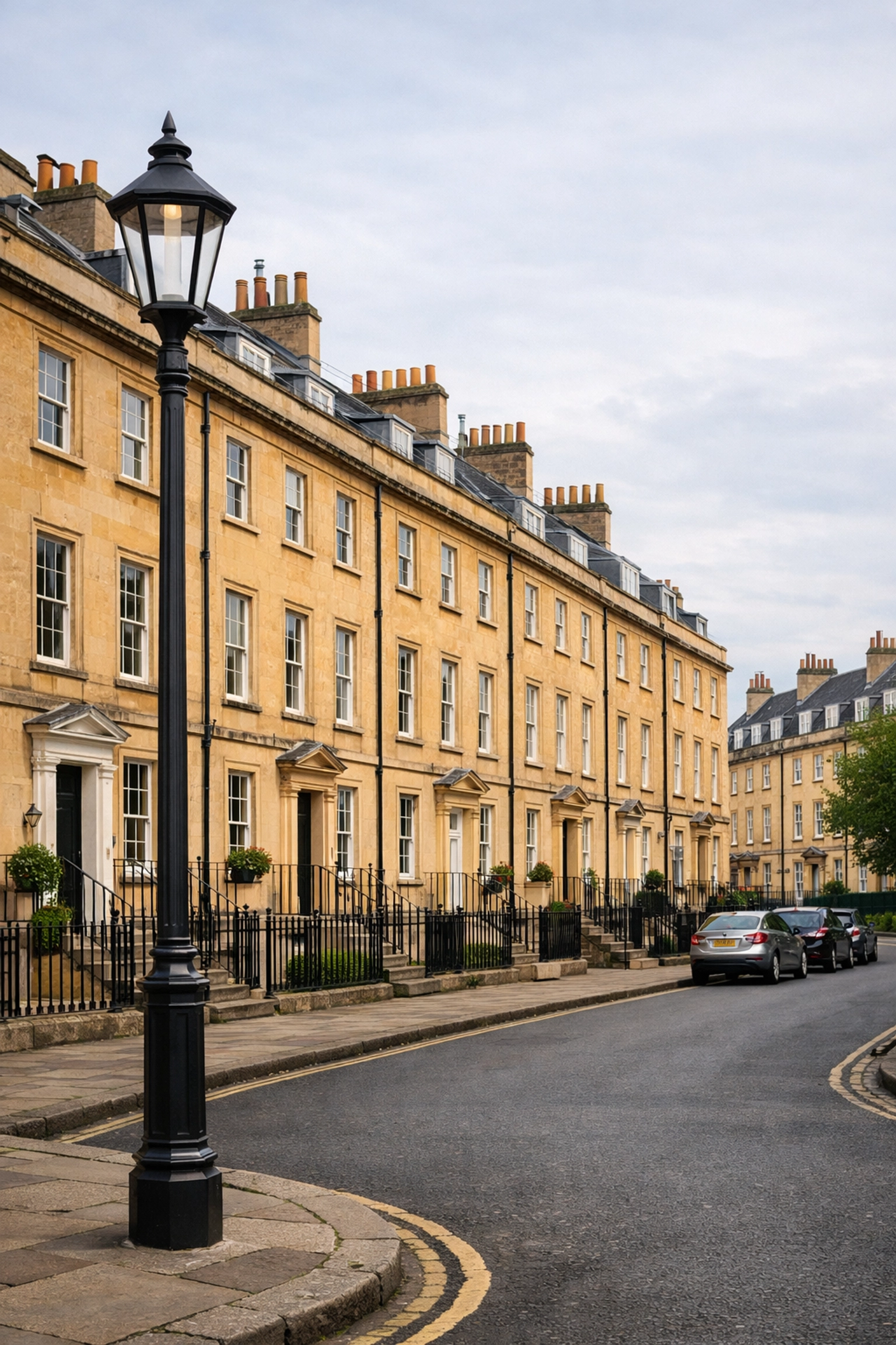 Quiet residential street in Bath with traditional stone houses representing community security.