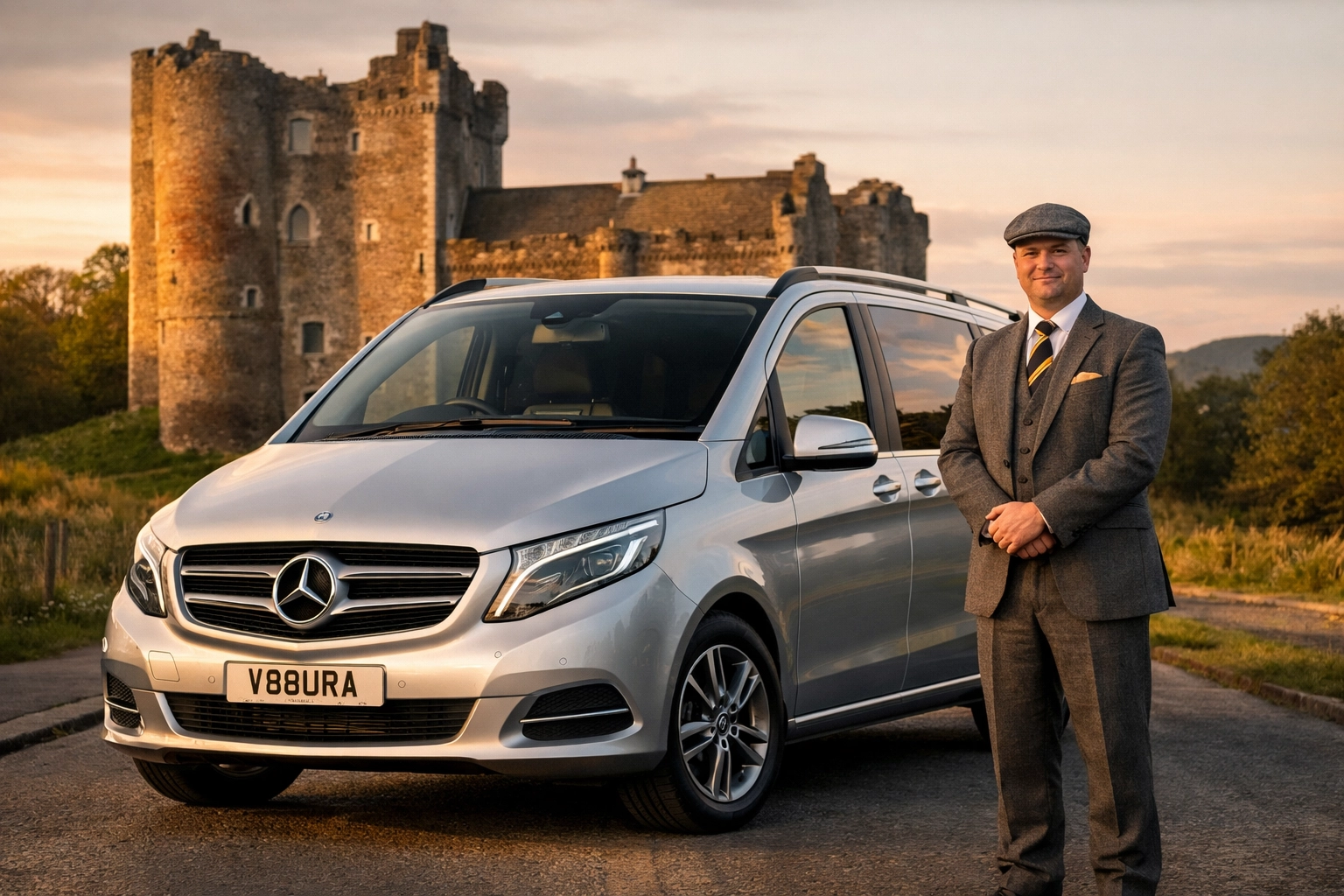 Luxury Mercedes V-Class at Doune Castle for private tours Edinburgh with a professional chauffeur.
