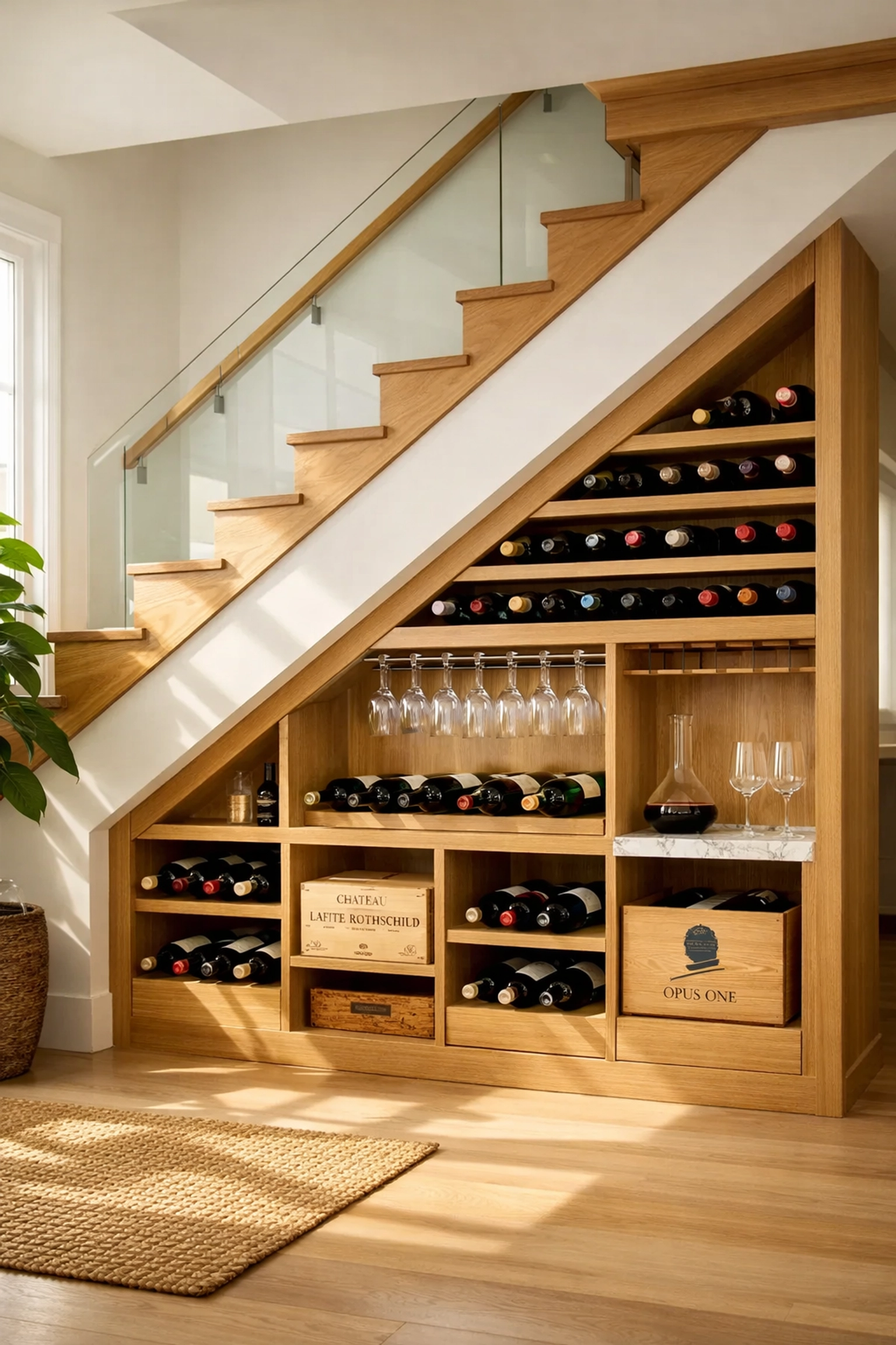 Custom-milled wine storage solution built into the space under a modern staircase with light oak finish.
