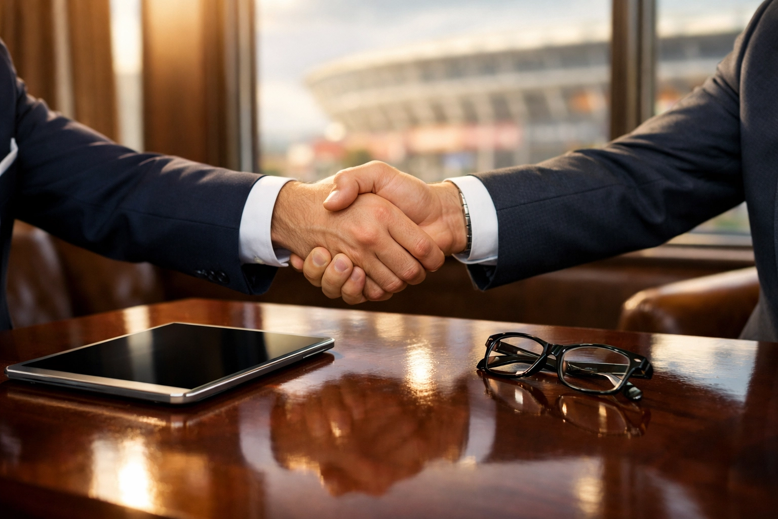 PRESS RELEASE: 7 Mistakes You're Making with Super Bowl Corporate Hospitality (and How to Fix Them) Executives shaking hands in a corporate lounge, demonstrating high ROI from Super Bowl VIP hospitality.