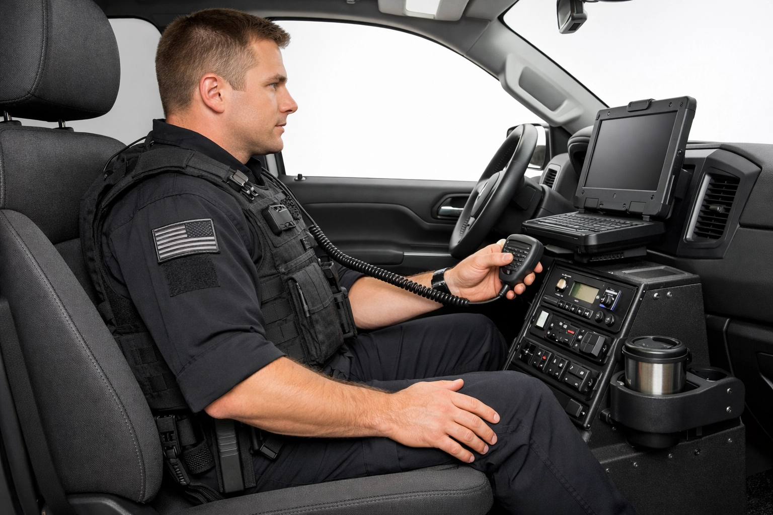Ergonomic cockpit design in a law enforcement vehicle providing comfort and easy access to radios.