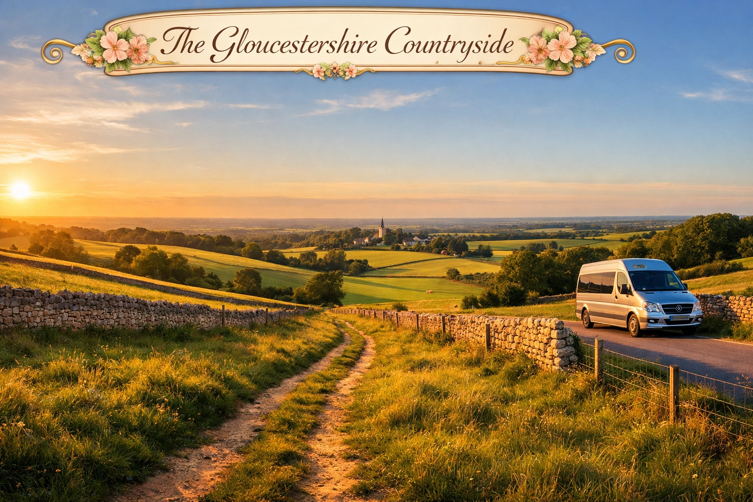Rolling green hills and traditional dry stone walls in the Gloucestershire countryside near Northleach.