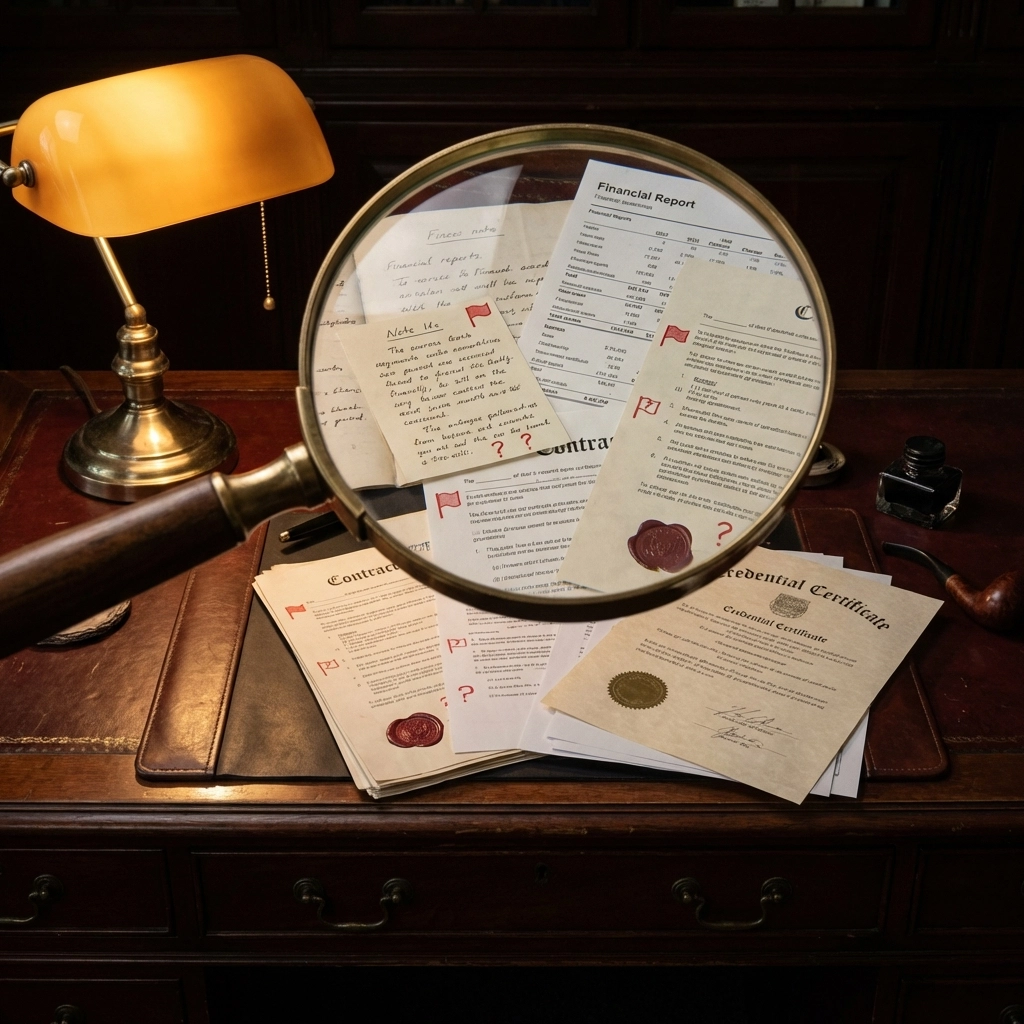 Magnifying glass examining financial documents with red flags, highlighting the importance of due diligence in hedge fund investing.