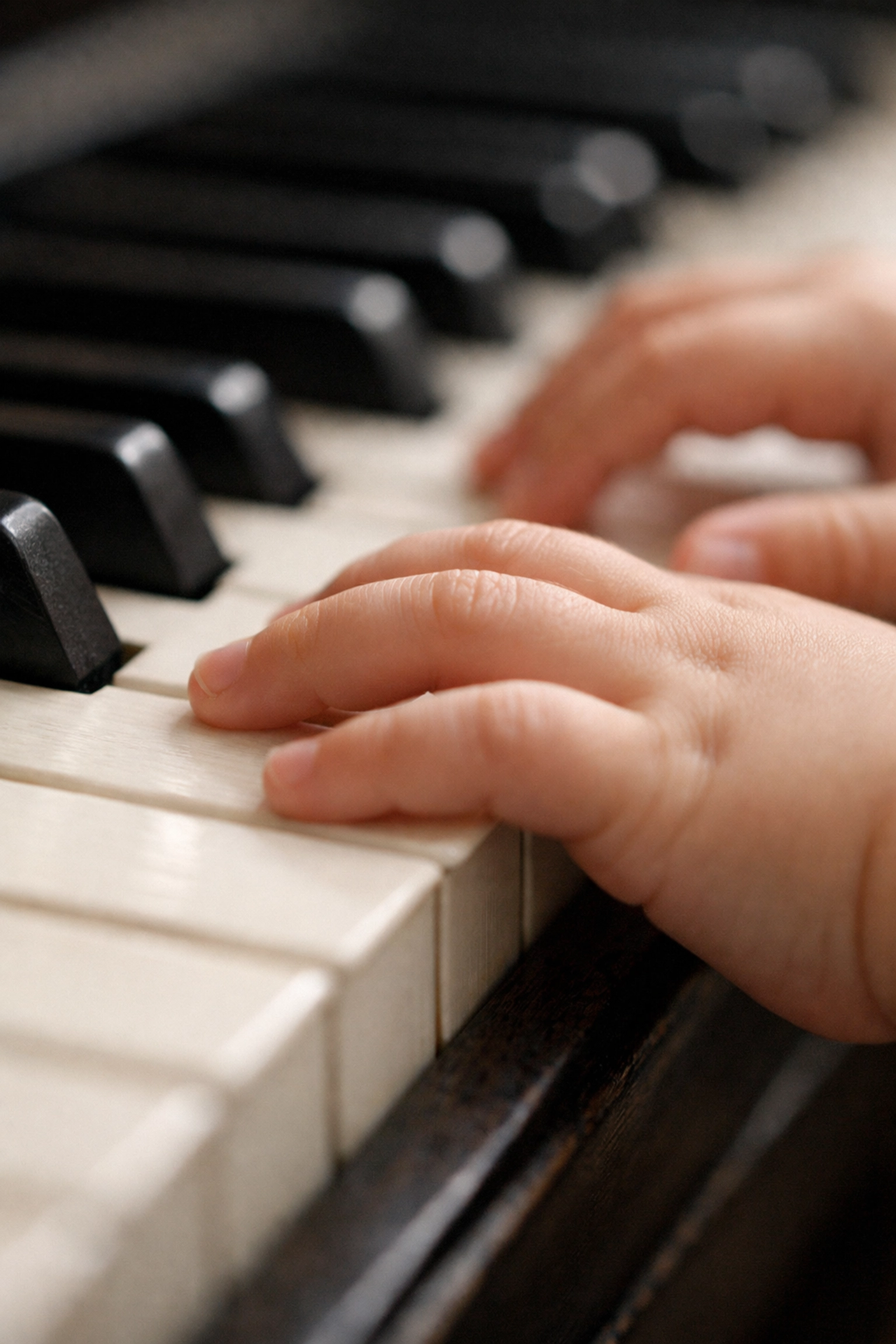 Child's hands on piano keys demonstrating fine motor skill development during music practice.