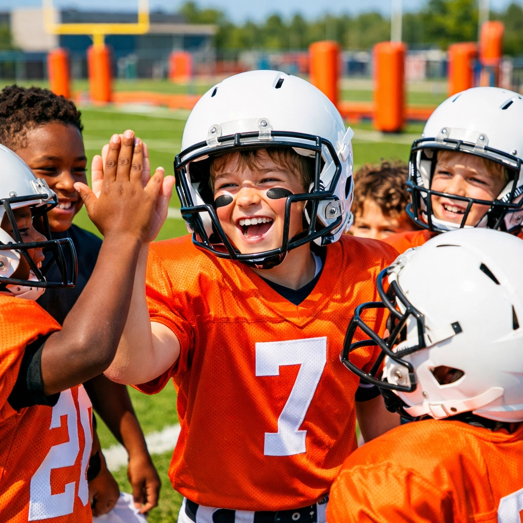Youth football players building confidence and leadership in a huddle at the academy.