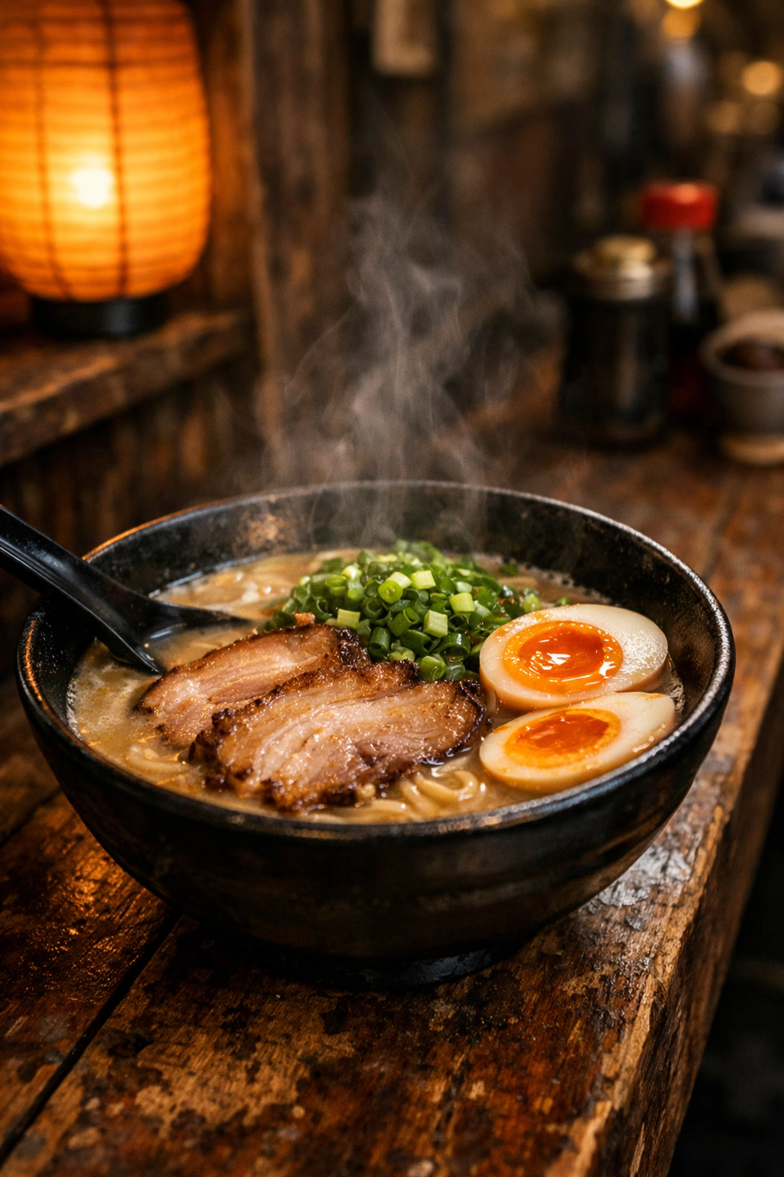 Steaming Tonkotsu ramen in Shibuya, among the best photography locations in Tokyo.