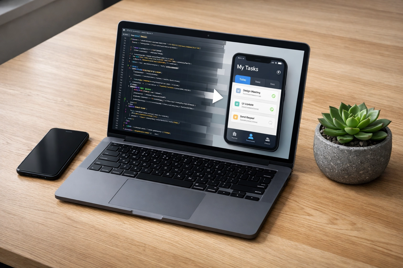 Minimalist workstation with a laptop showing rapid app development from code to mobile interface.