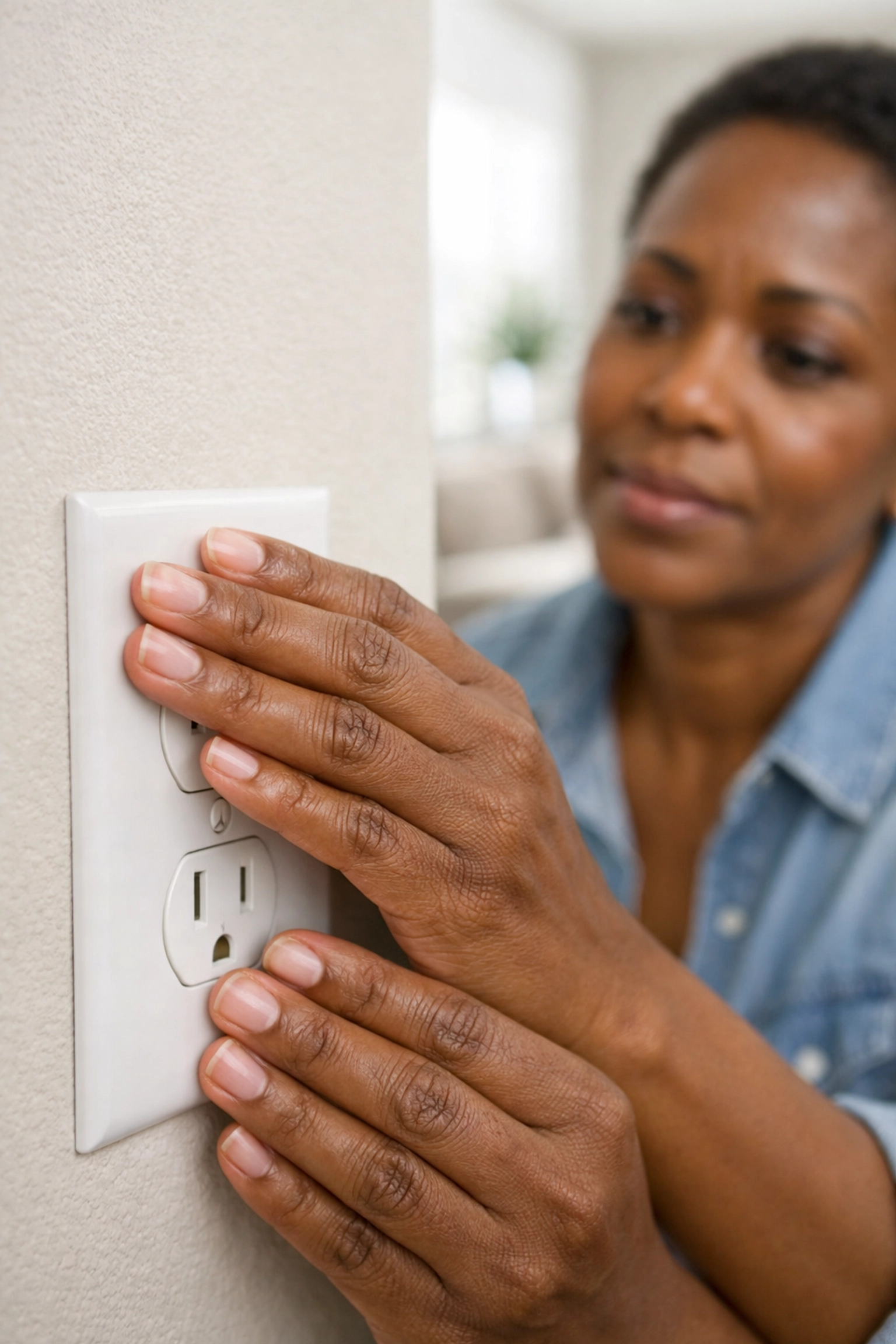 Homeowner checking wall outlet for warmth as a warning sign of electrical problems