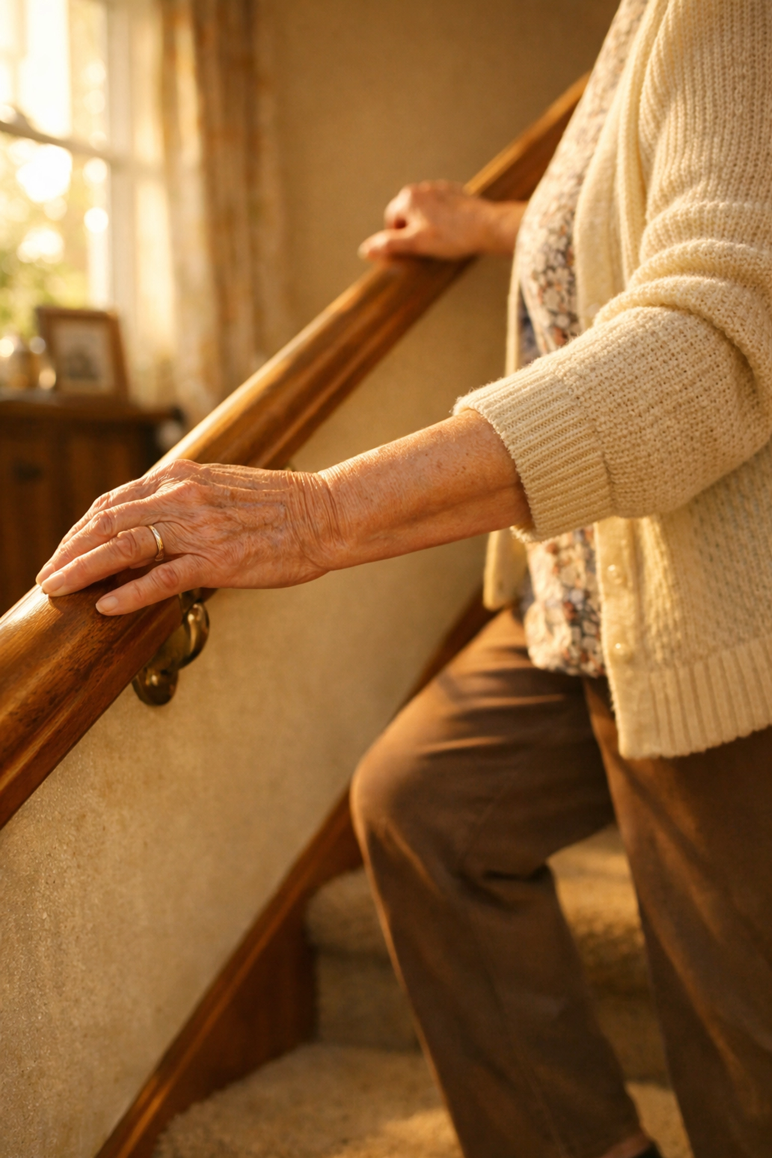 Senior woman safely gripping handrail while climbing stairs at home to prevent falls