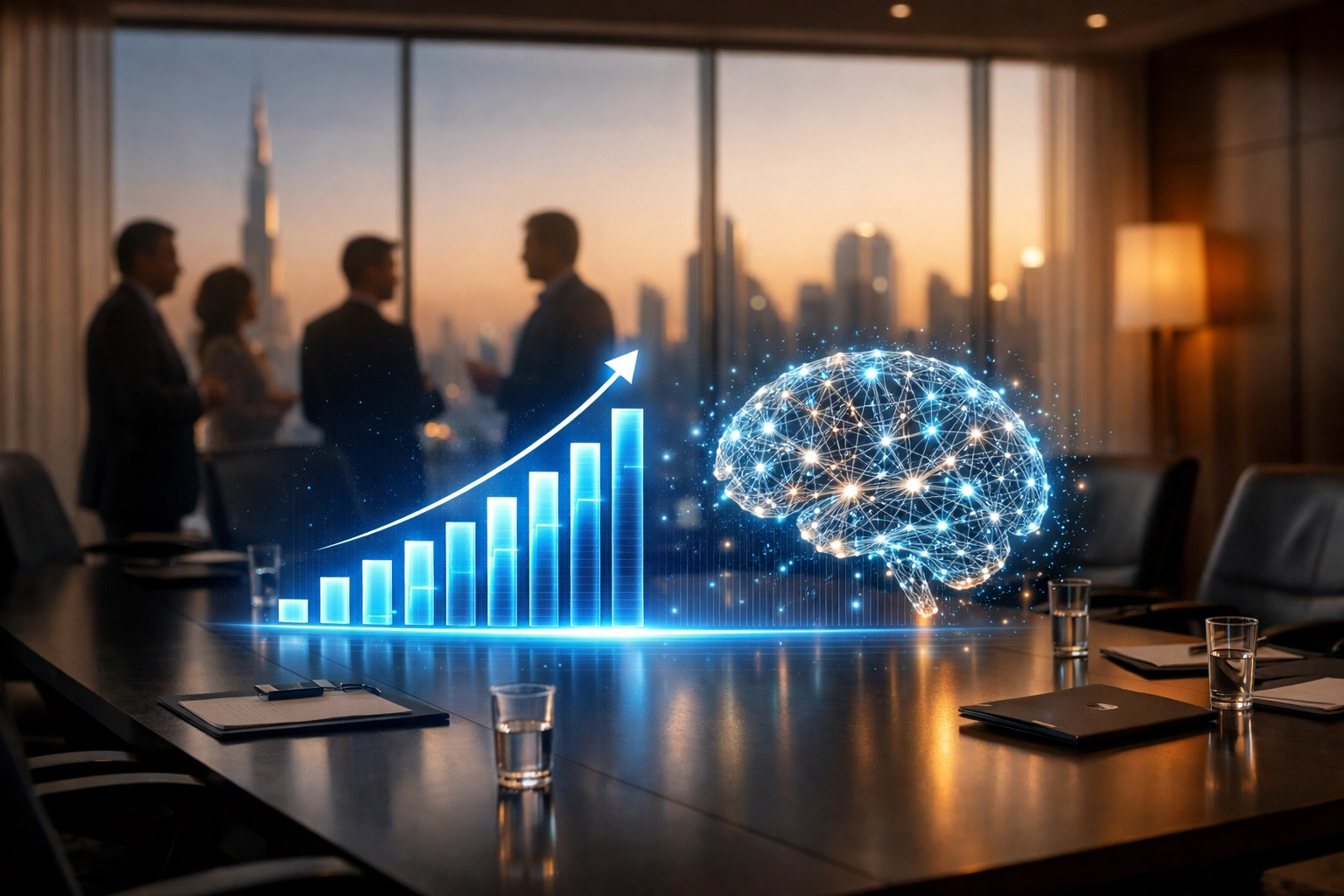Private equity boardroom with AI valuation graphs and neural network analytics displays