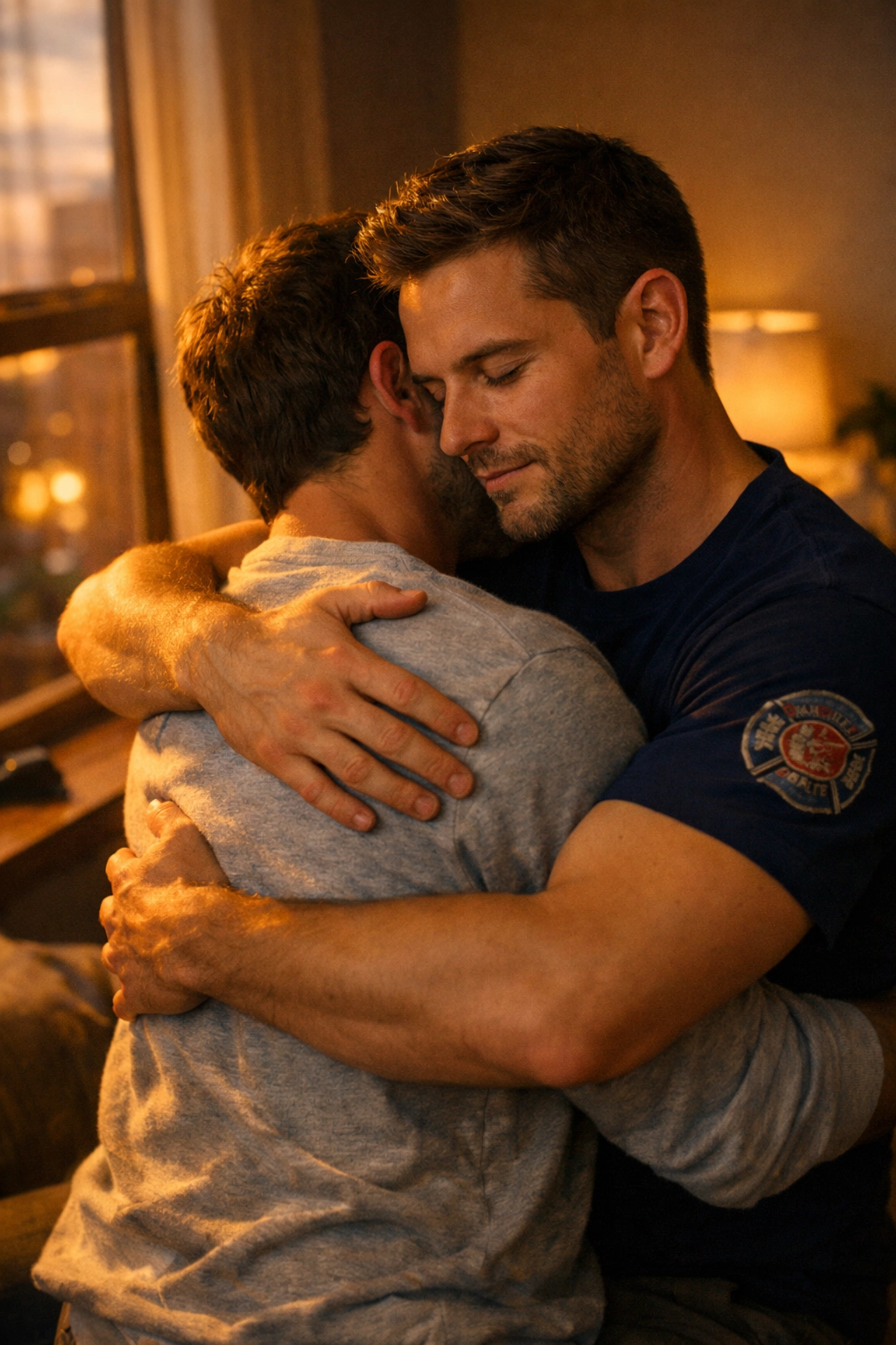 Gay couple embracing at home, firefighter and partner sharing intimate moment