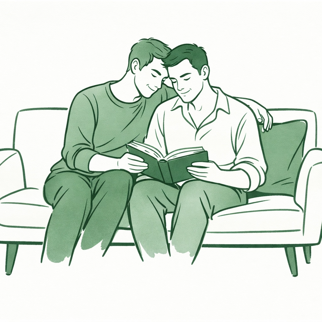 Minimalist illustration of a gay couple reading, representing high-quality MM romance literature.