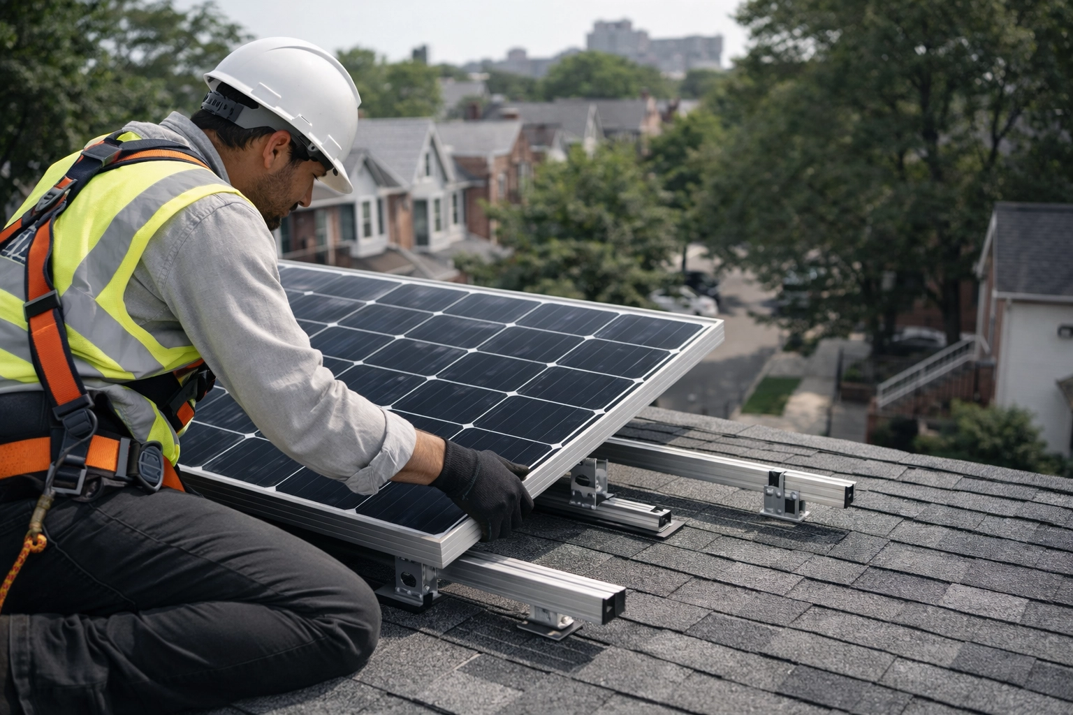 Professional solar installer mounting panels during home solar installation