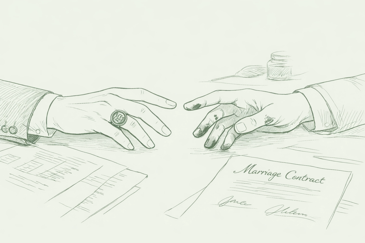 Close-up of nobleman's and merchant's hands nearly touching over Victorian marriage contract documents