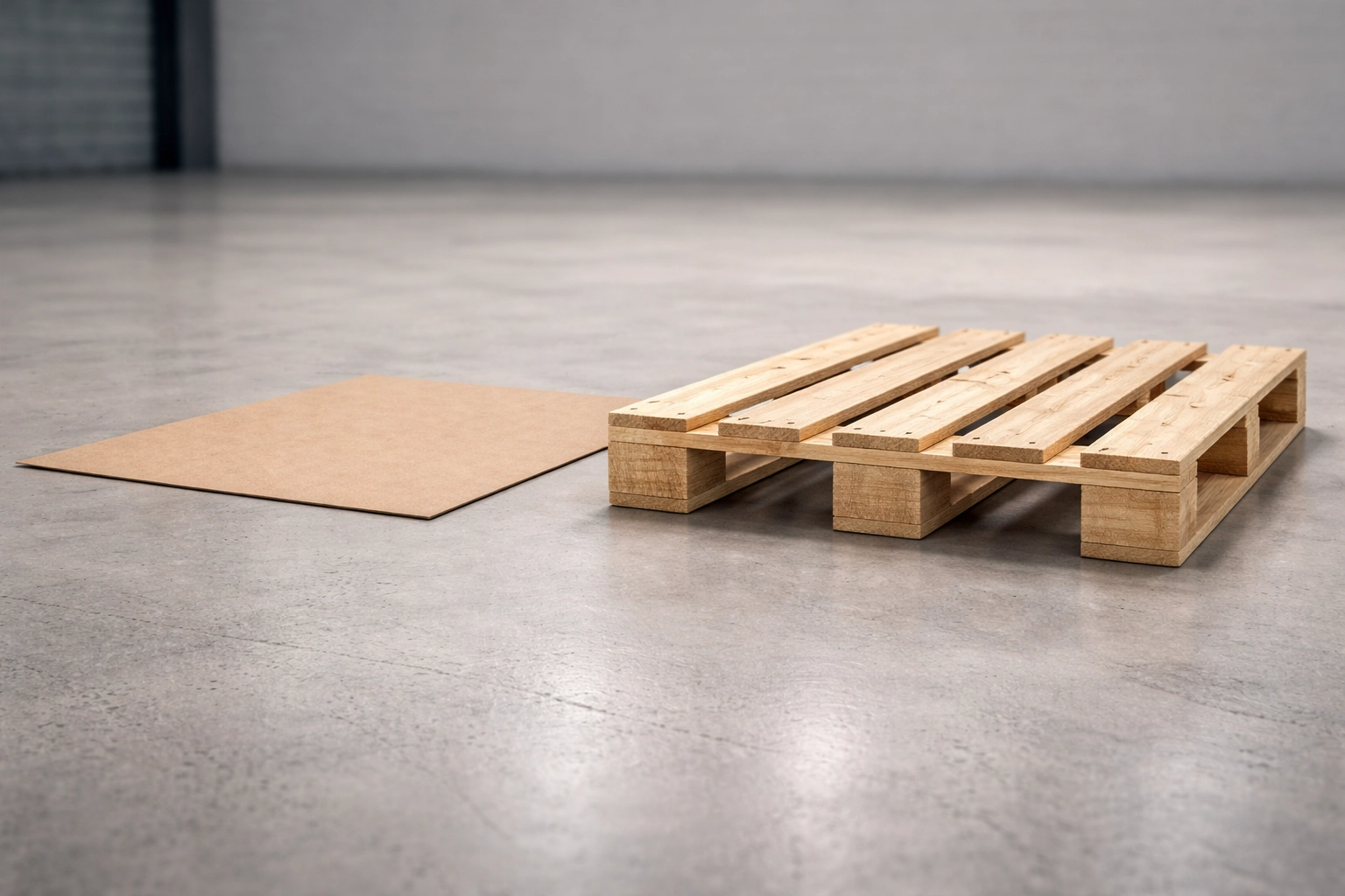 Comparison of a thin slip sheet beside a standard wooden pallet on a warehouse floor, showing height and space savings for industrial packaging.