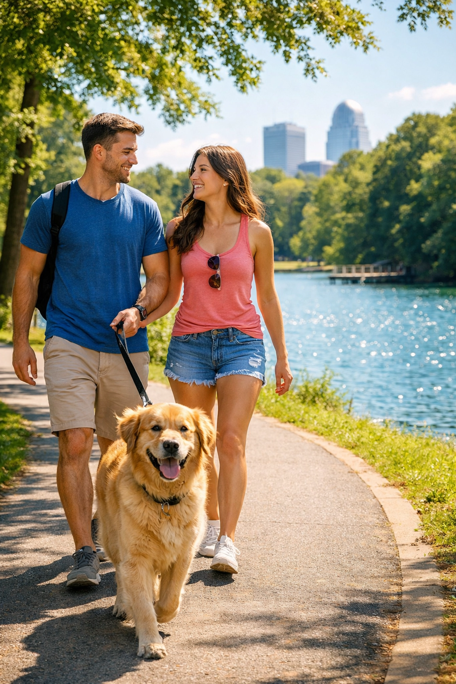 Couple enjoying the outdoor lifestyle at a scenic lakeside park in Winston-Salem, NC.
