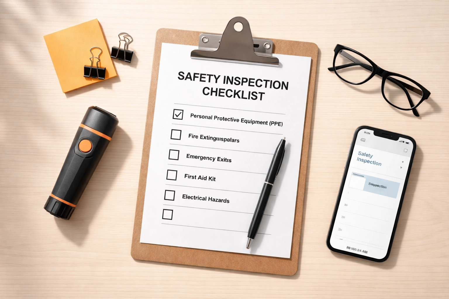Flat-lay image of a safety inspection checklist and tools, reinforcing regular workplace safety checks for business insurance.