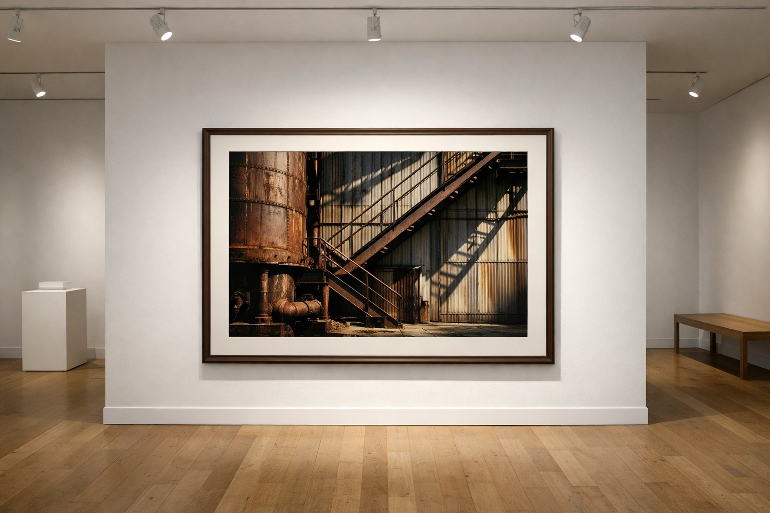 Museum quality archival print of an industrial scene displayed in a modern fine art photography gallery.