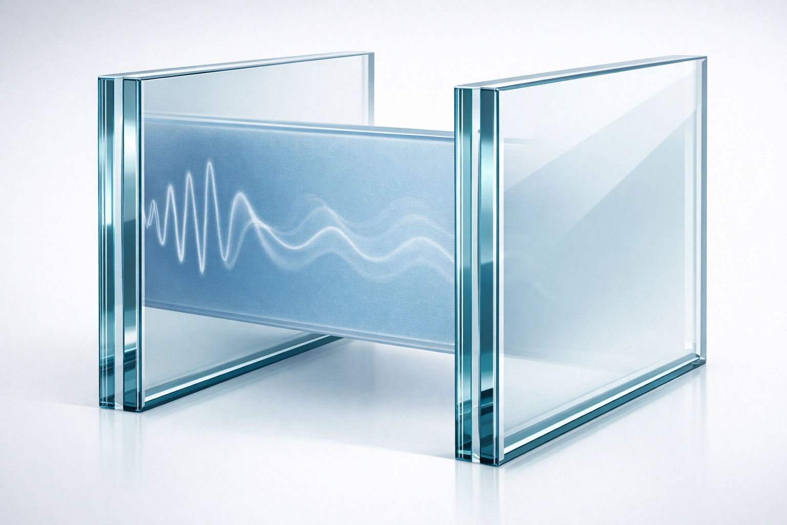 Cross-section showing 10.8mm acoustic laminate glass layers with sound-dampening interlayer