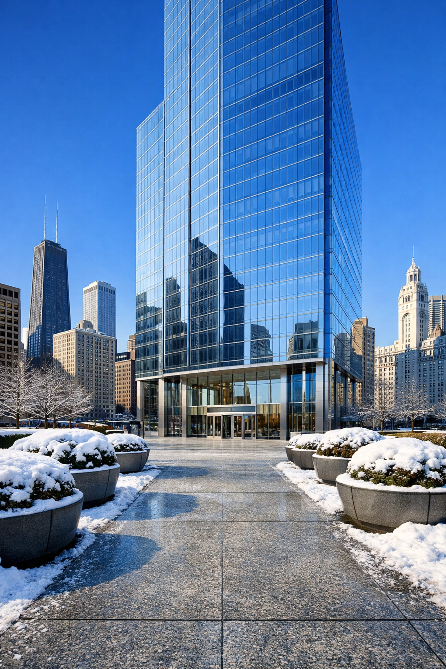 A modern Chicago office tower with a clean, snow-free entrance for professional property management.