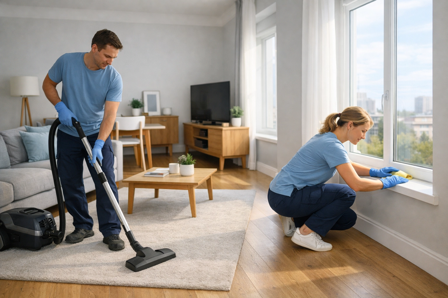 Two-person cleaning crew performing thorough apartment turnover in vacant unit