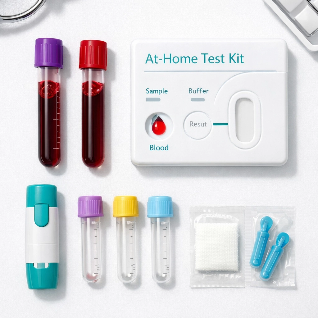 At-home blood test kit with collection vials and lancet device for athlete testing