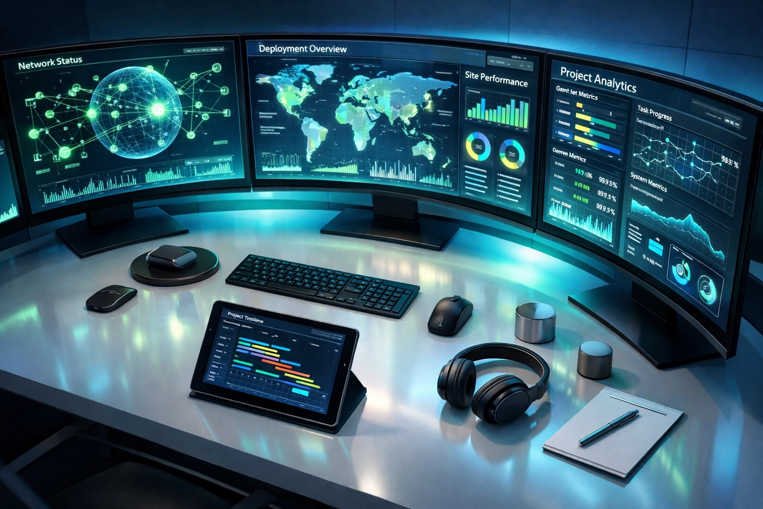 IT project management command center with real-time network monitoring and performance dashboards