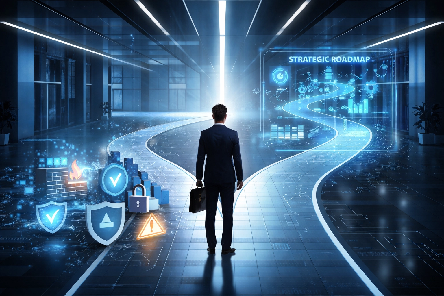 Business professional choosing between security tools and strategic cybersecurity roadmap