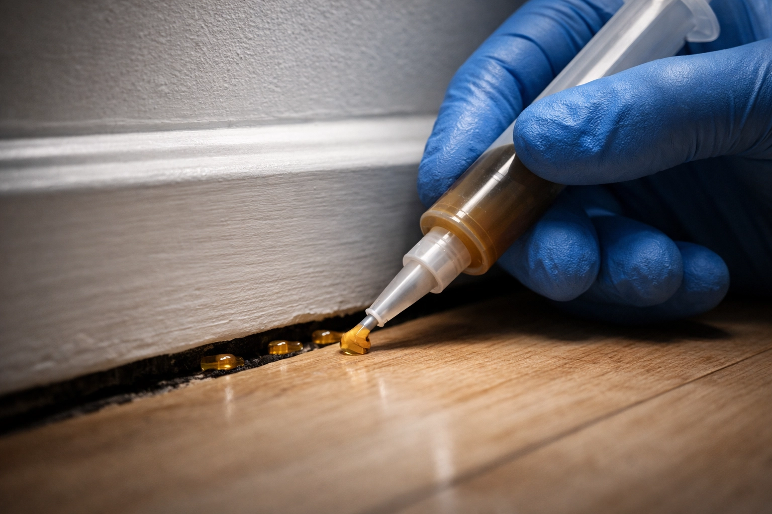 Roach gel bait applied correctly into crack along kitchen baseboard