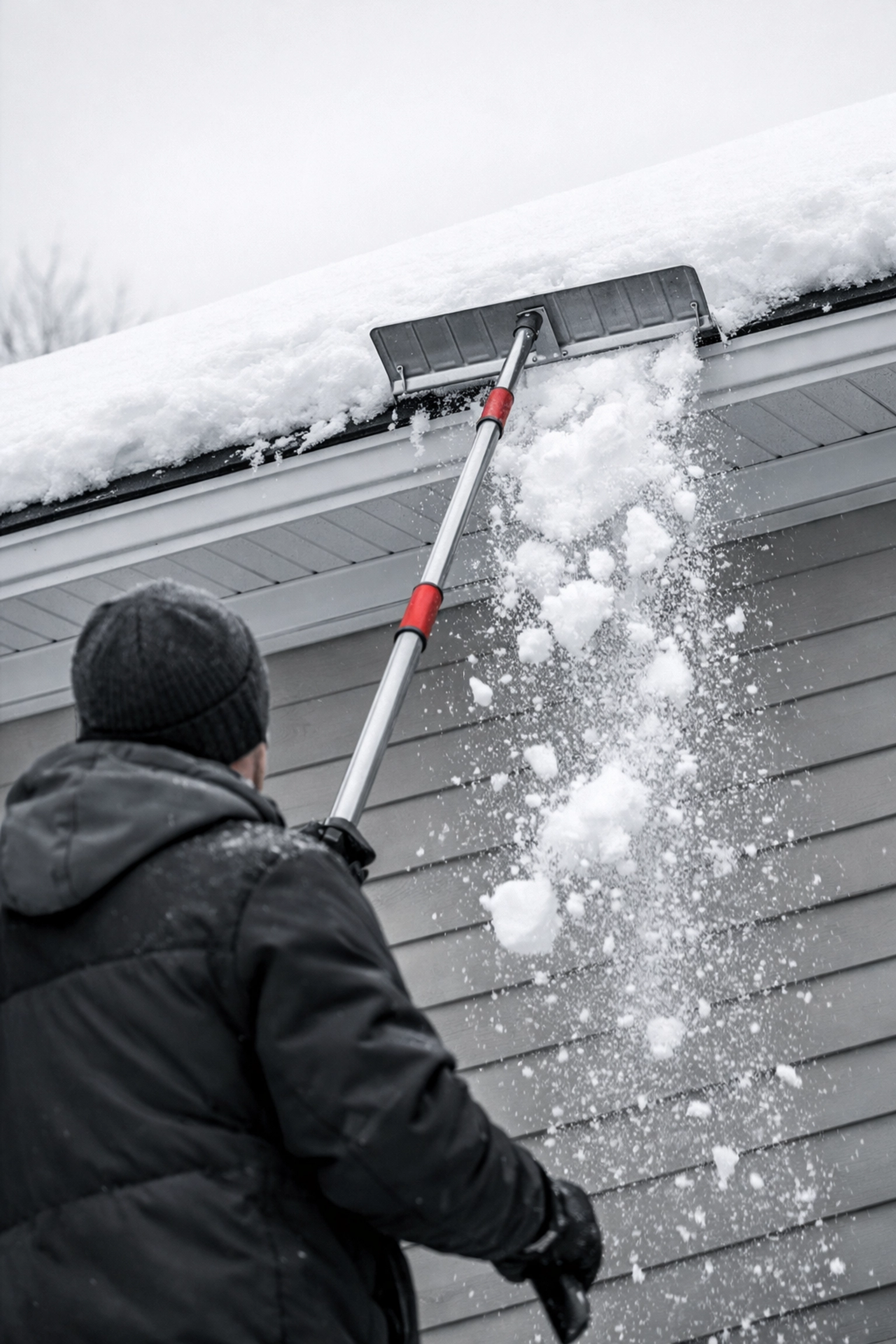 Homeowner using roof rake from ground to safely remove snow from residential roof