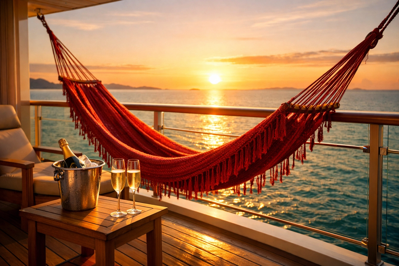 Luxury Sea Terrace balcony on Virgin Voyages featuring a signature red hammock and champagne at sunset.
