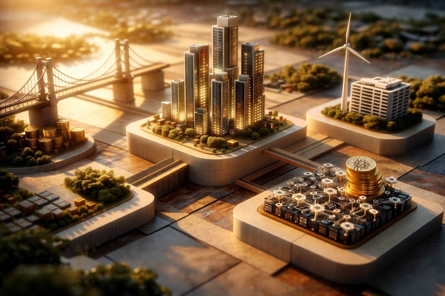 Abstract investment landscape illustrating diversification of equities, bonds, and alternative assets