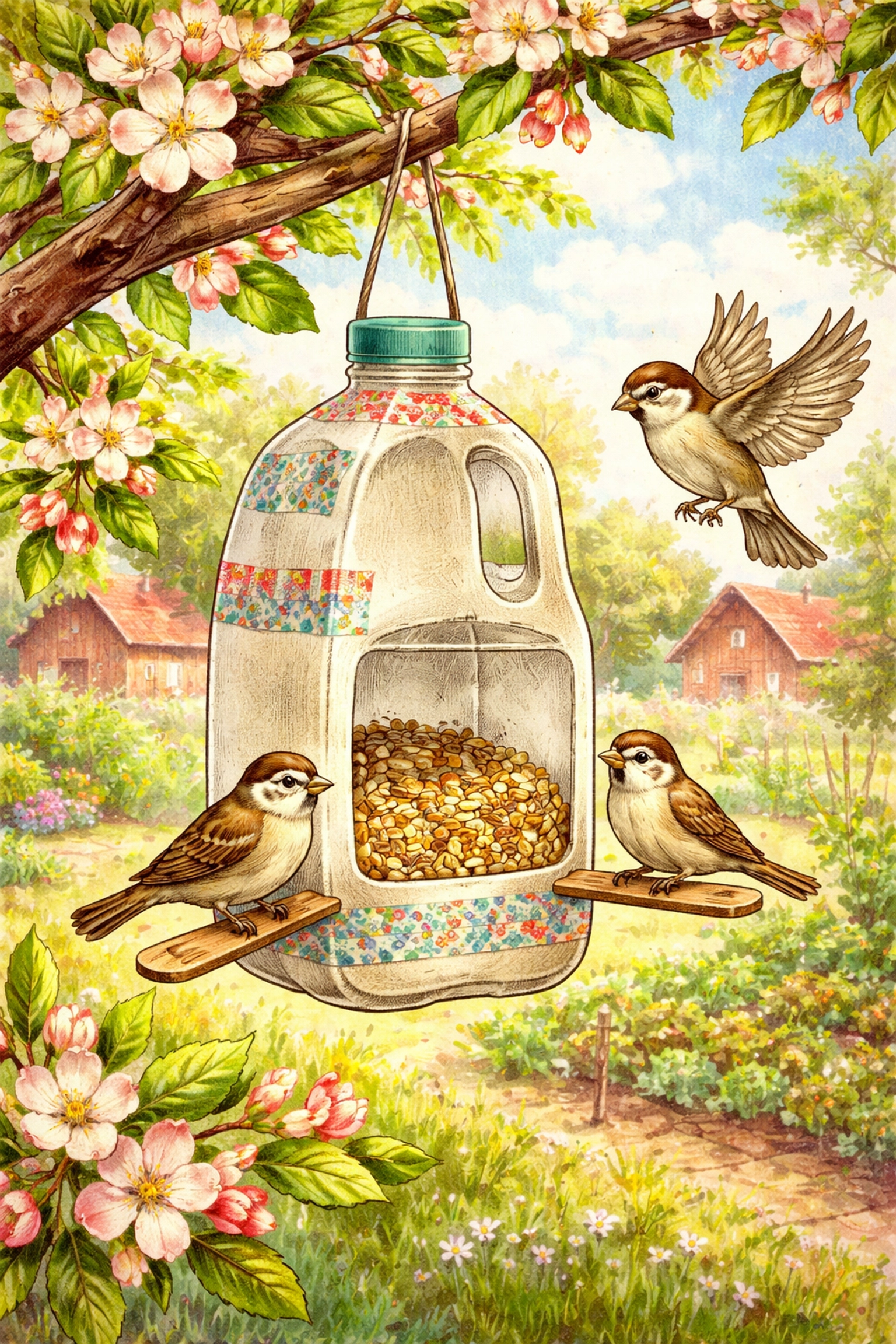 Finished recycled milk jug bird feeder hanging in a blooming orchard, with birds feeding in a family-friendly garden.