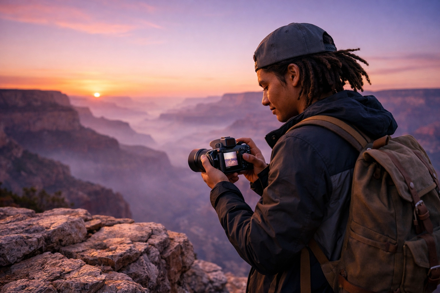 Photographer with a mirrorless camera at a scenic canyon, mastering photography for beginners basics.